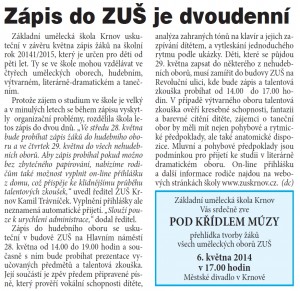 Krnovské listy č.9/2014 - Zápis do ZUŠ Krnov